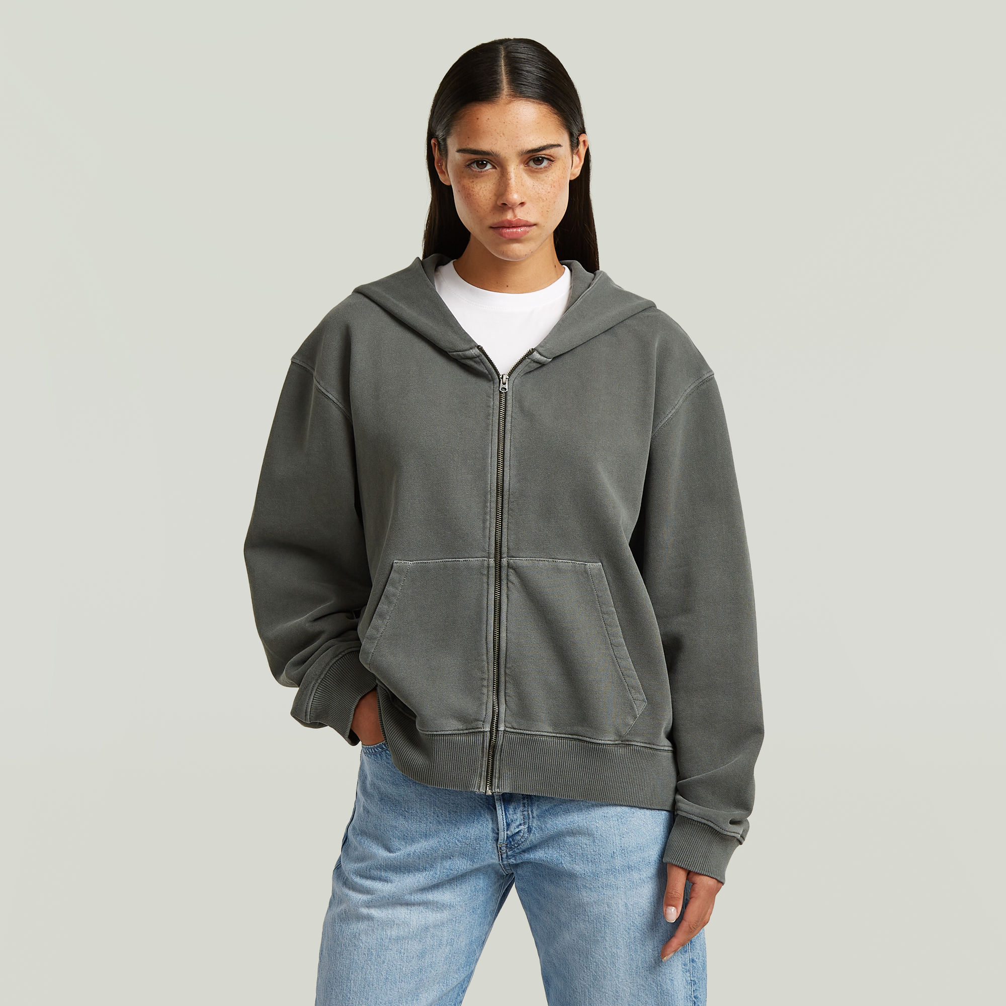 

Washed Zip Relaxed Hoodie - Grijs - Dames