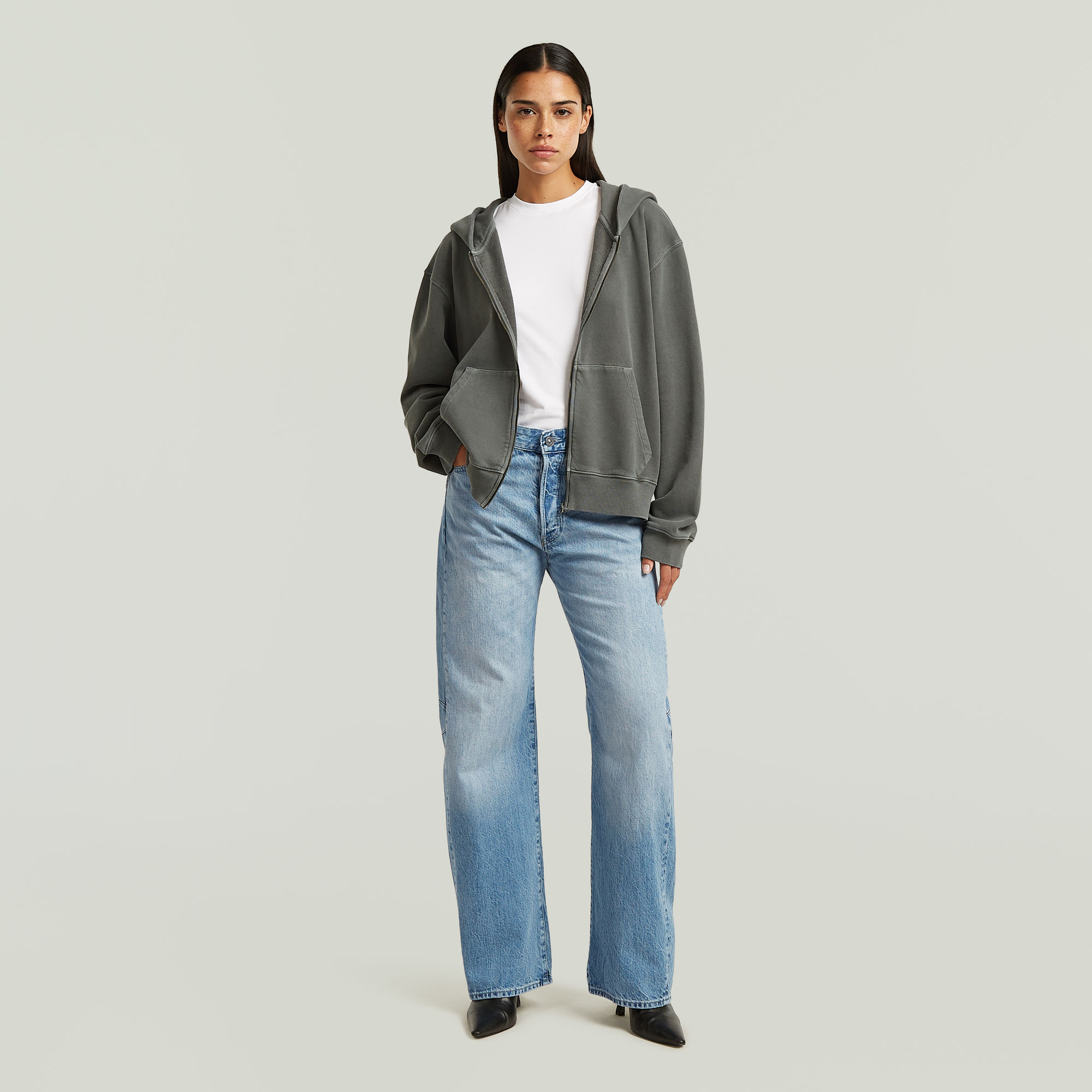 Thumbnail - Washed Hoodie Zip Relaxed Sweatshirt - Grau - Damen