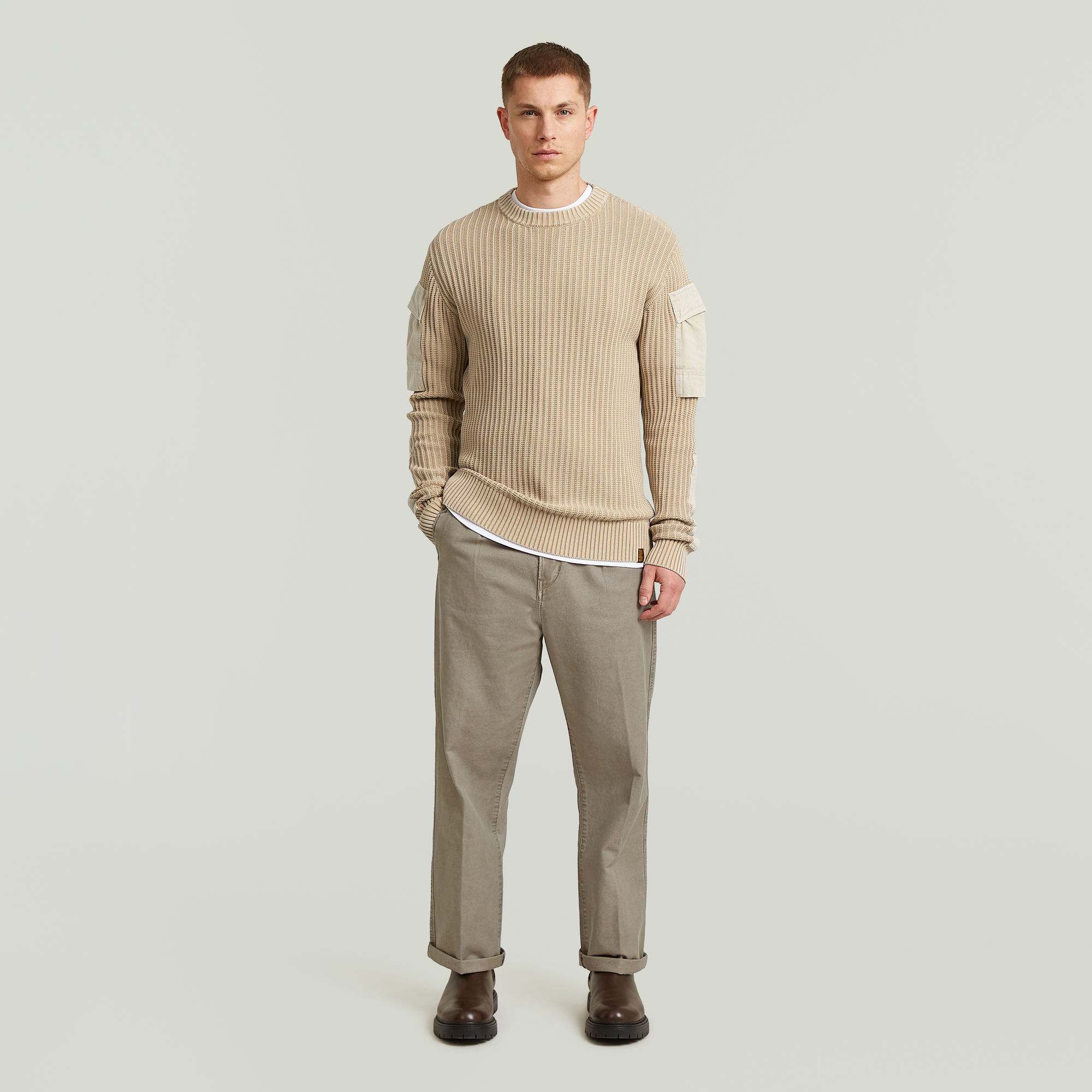 Thumbnail - Woven Mix Washed Knit Pullover - Beige - Herren