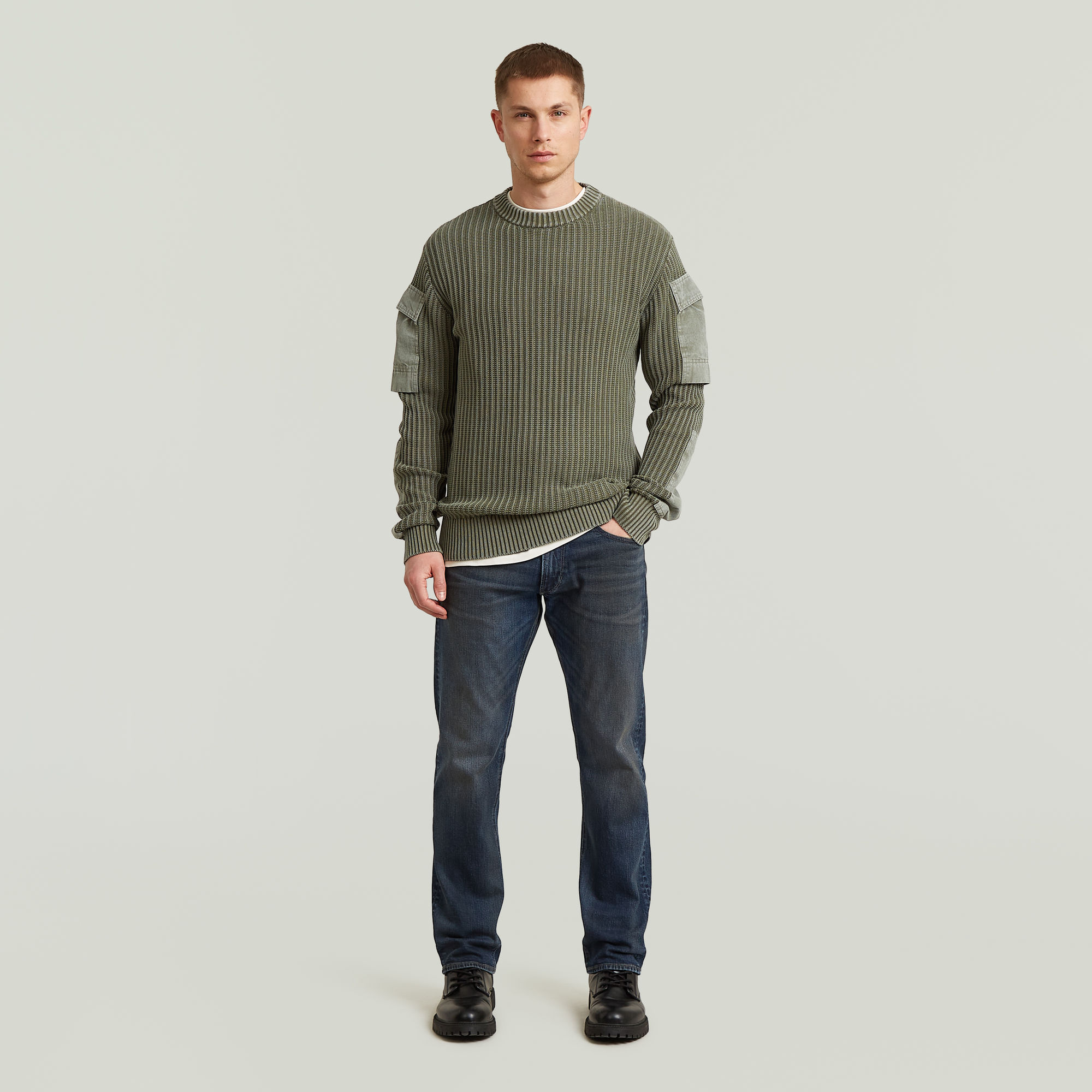 Thumbnail - Woven Mix Washed Knit Pullover - Grün - Herren