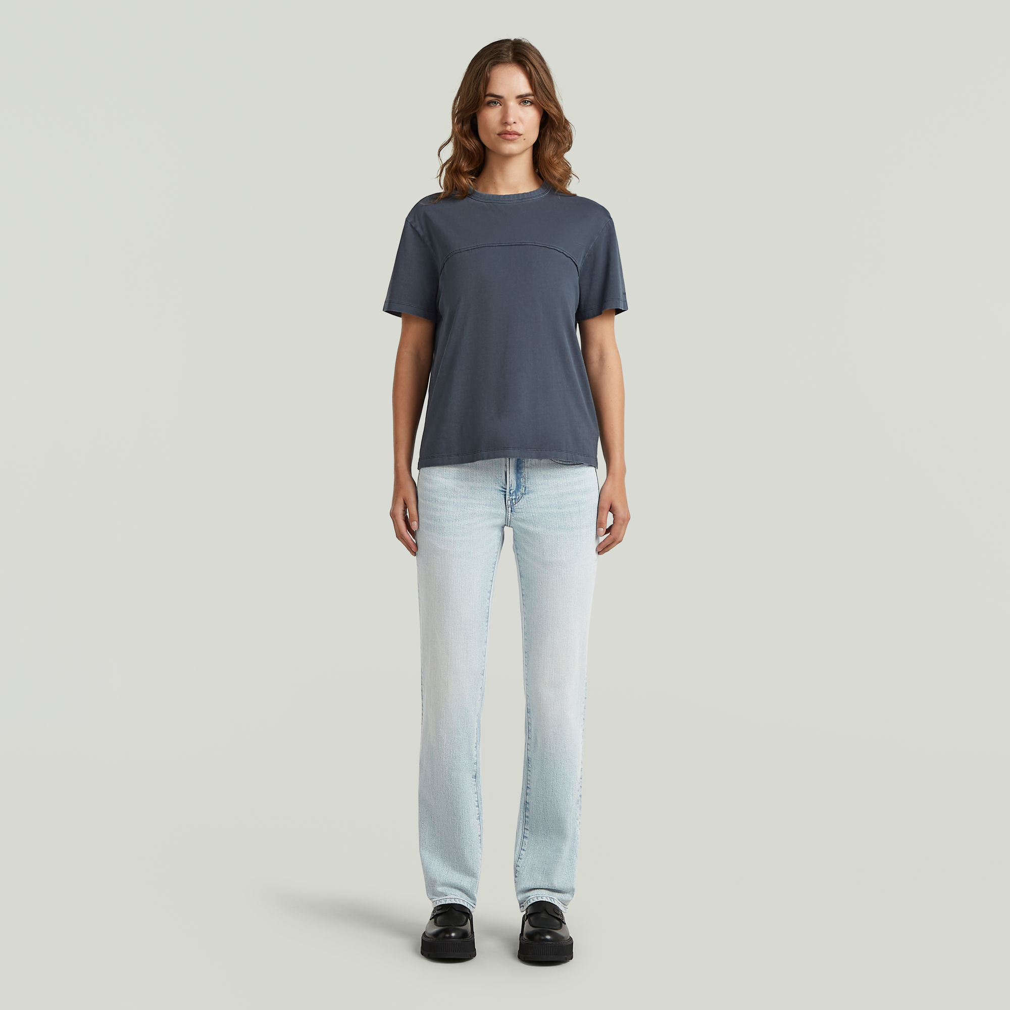 Thumbnail - Washed Seam T-Shirt - Dunkelblau - Damen