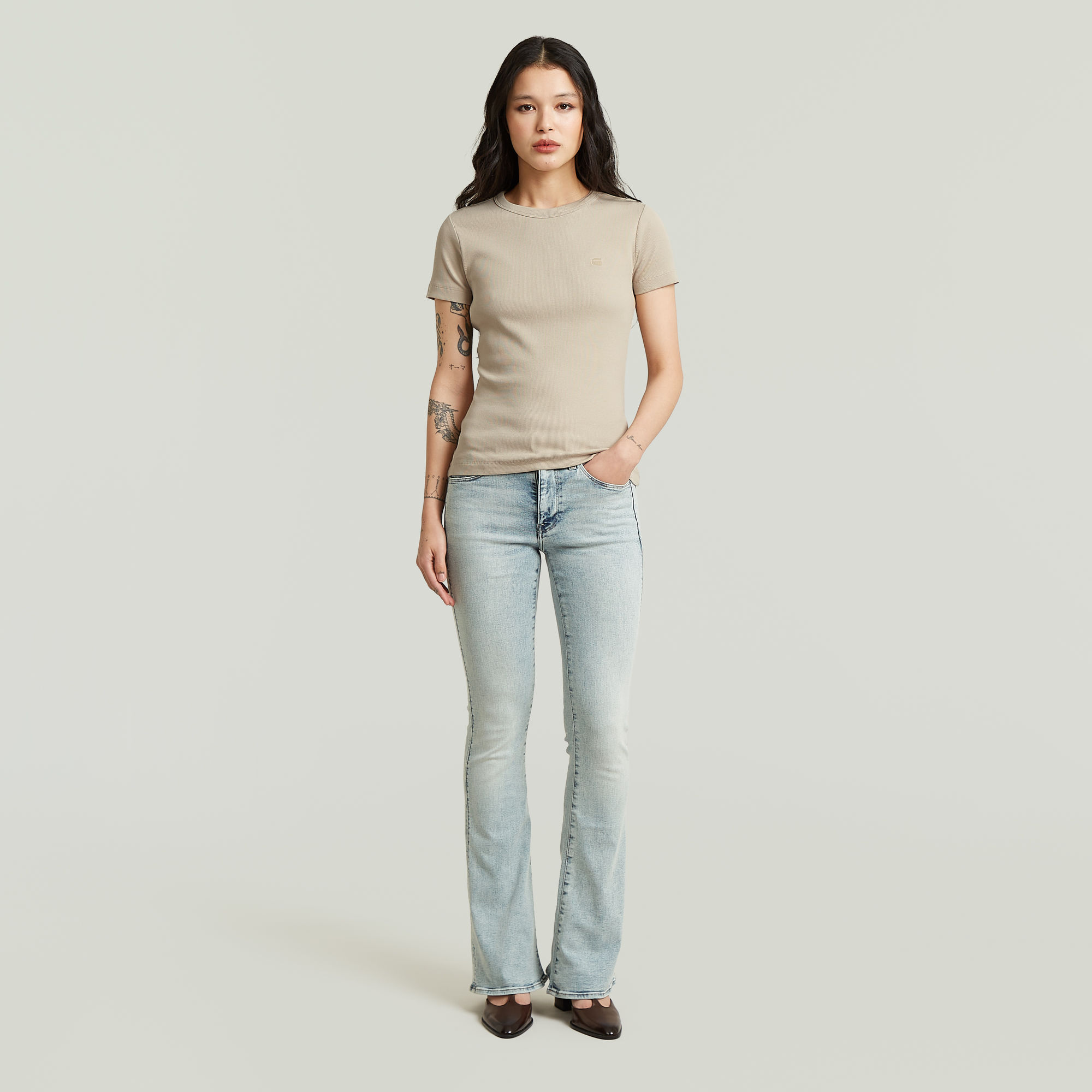 Thumbnail - Slim Rib T-Shirt - Beige - Damen