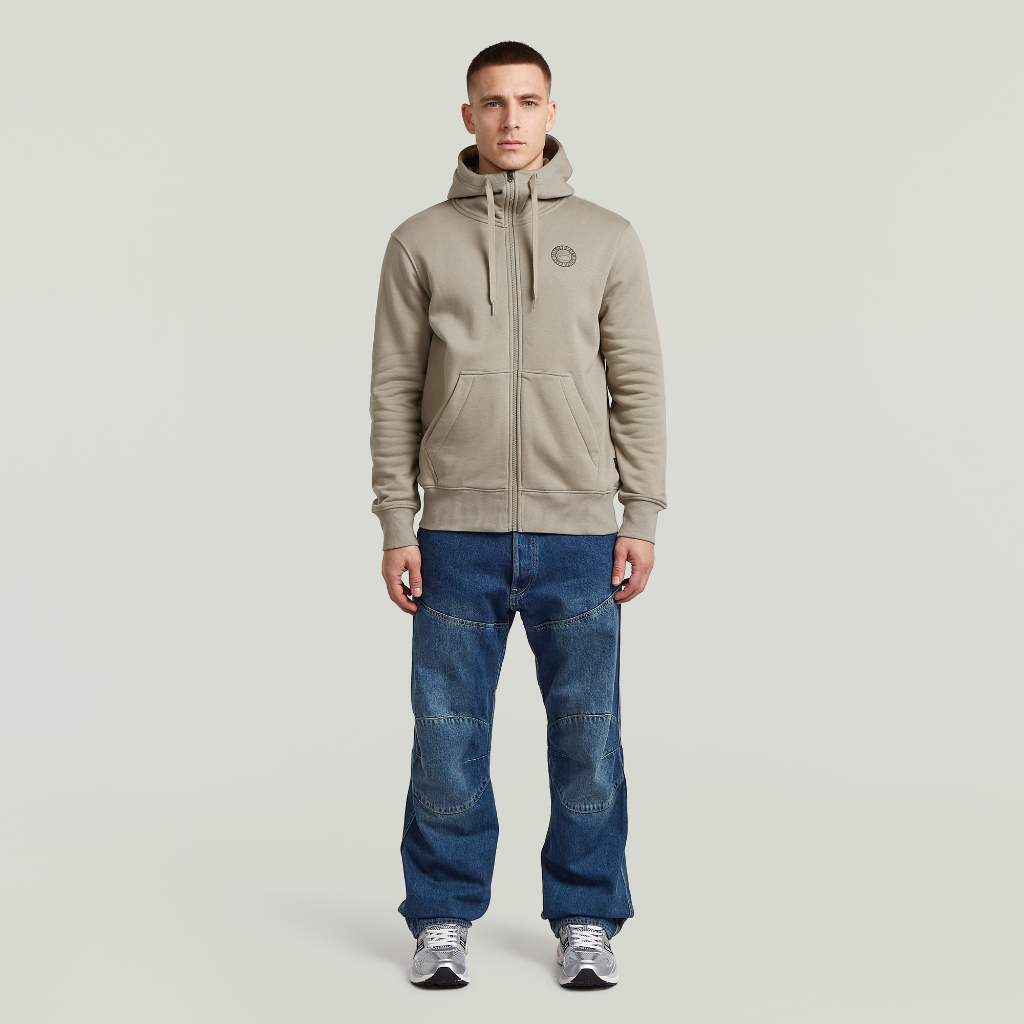 Thumbnail - Round Logo Hoodie Zip Sweater - Beige - Herren