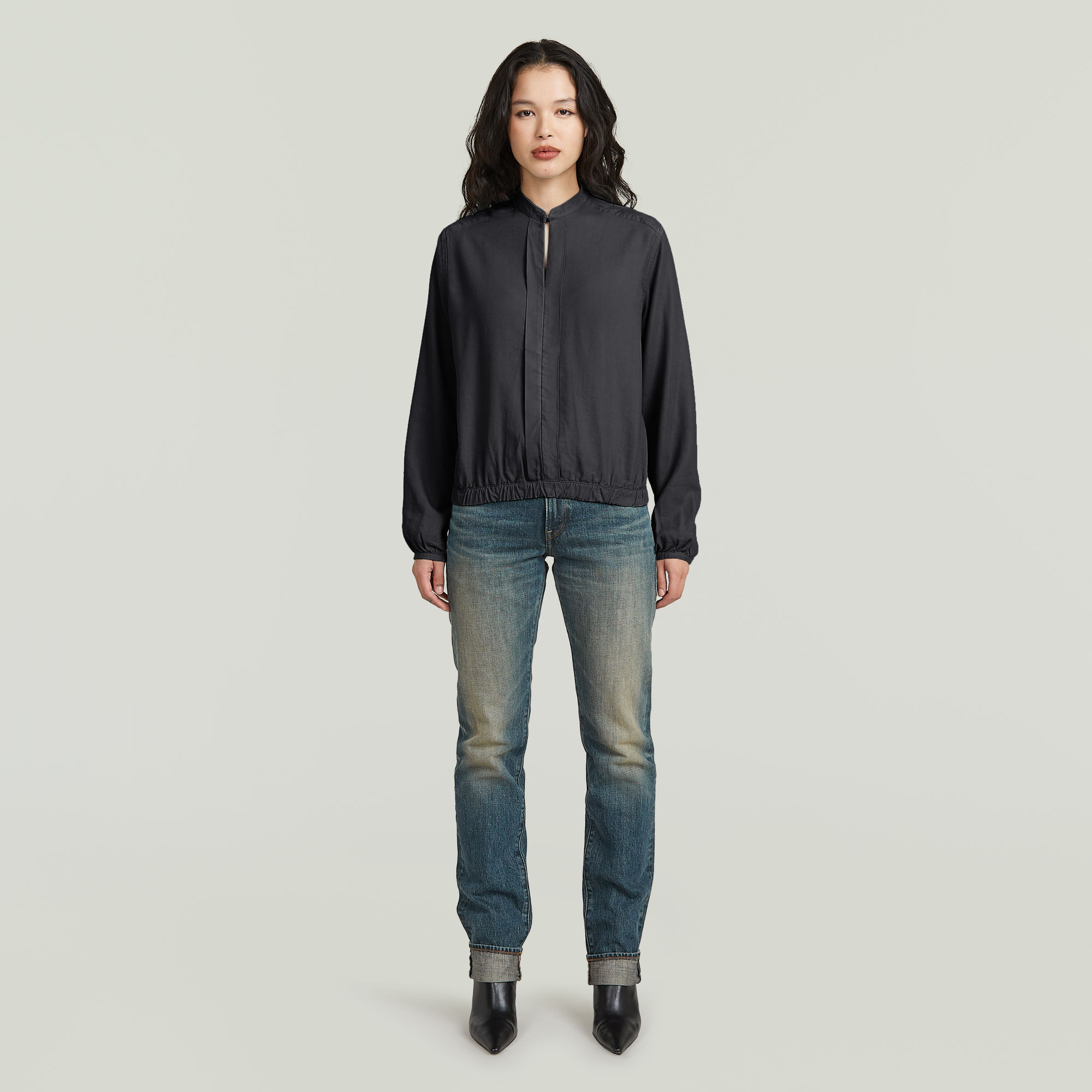 Thumbnail - Stand Up Collar Shirt - Schwarz - Damen