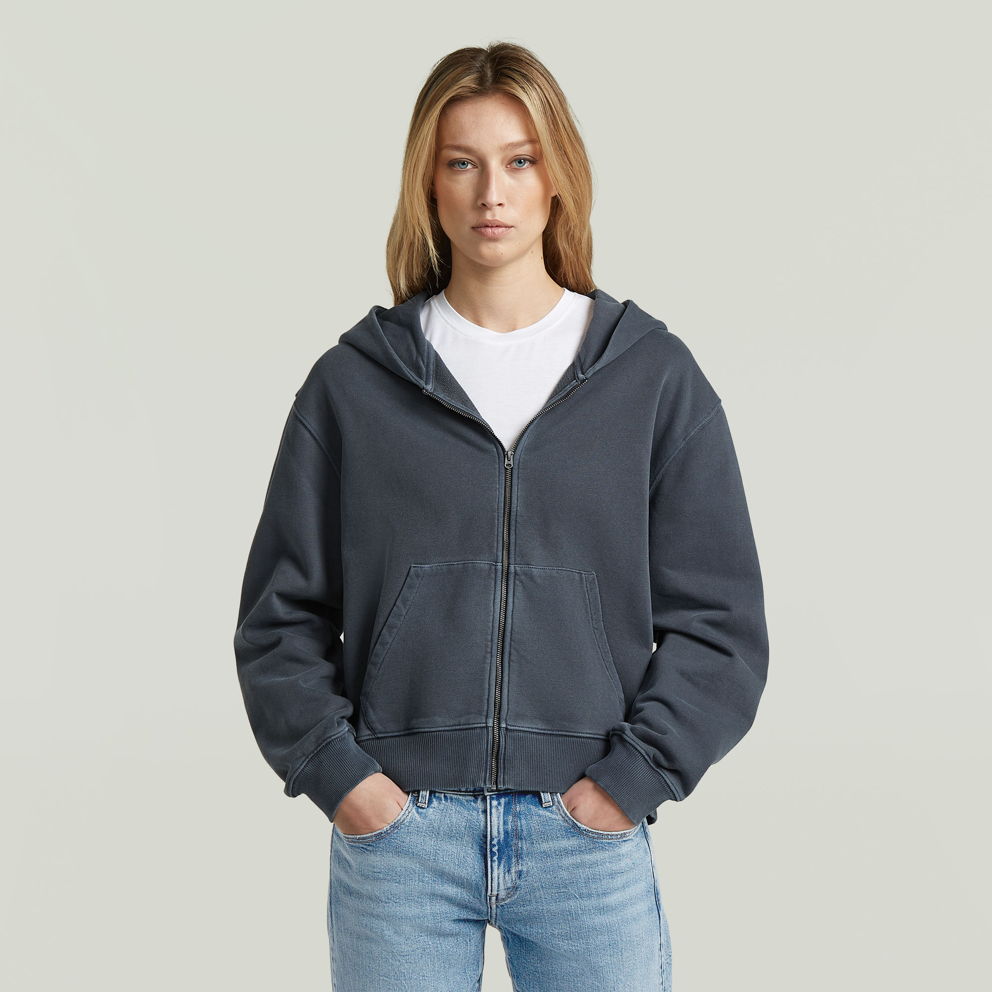 Washed Hoodie Zip Relaxed Sweatshirt - Dunkelblau - Damen