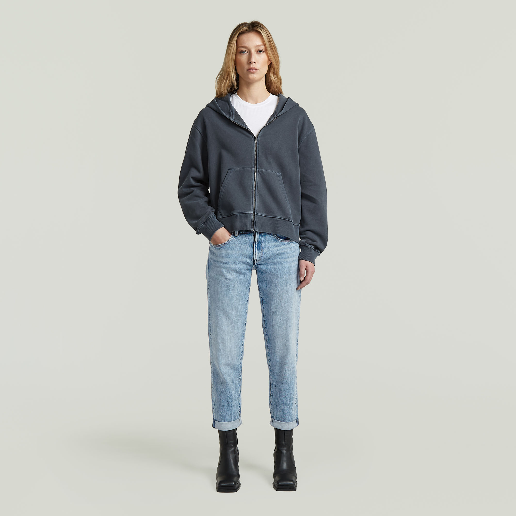 Thumbnail - Washed Hoodie Zip Relaxed Sweatshirt - Dunkelblau - Damen