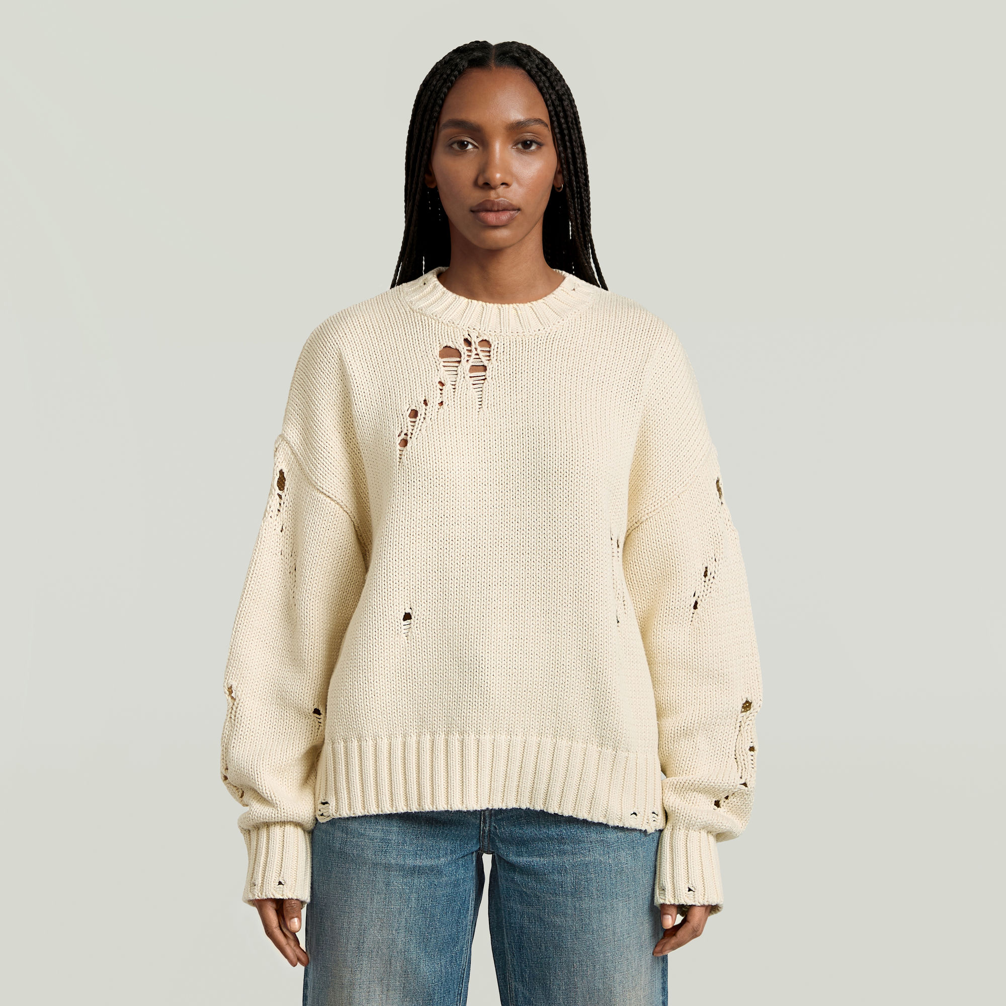Drop Needle Loose Knit Pullover - Weiß - Damen
