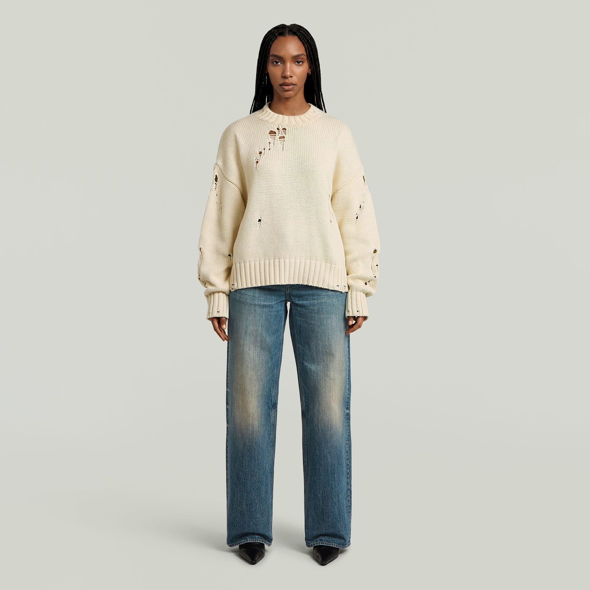 Thumbnail - Drop Needle Loose Knit Pullover - Weiß - Damen