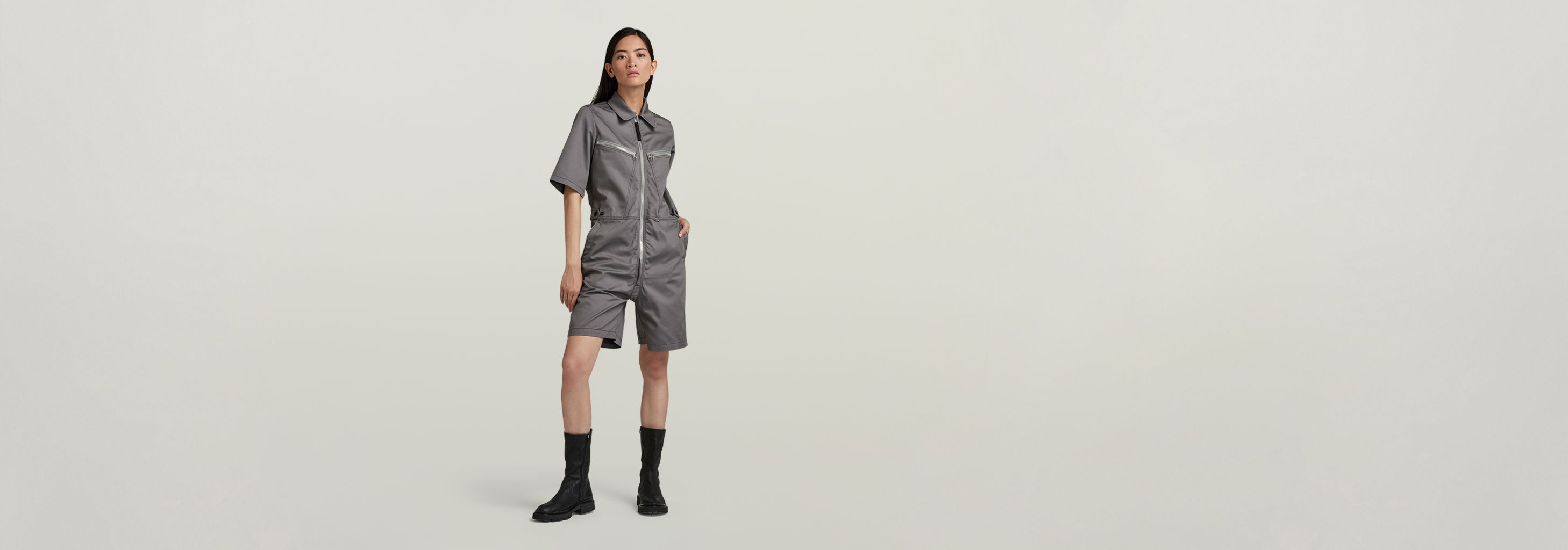 新品Tie.me doublezip pleated onepiece GRAY Pleated Jumper