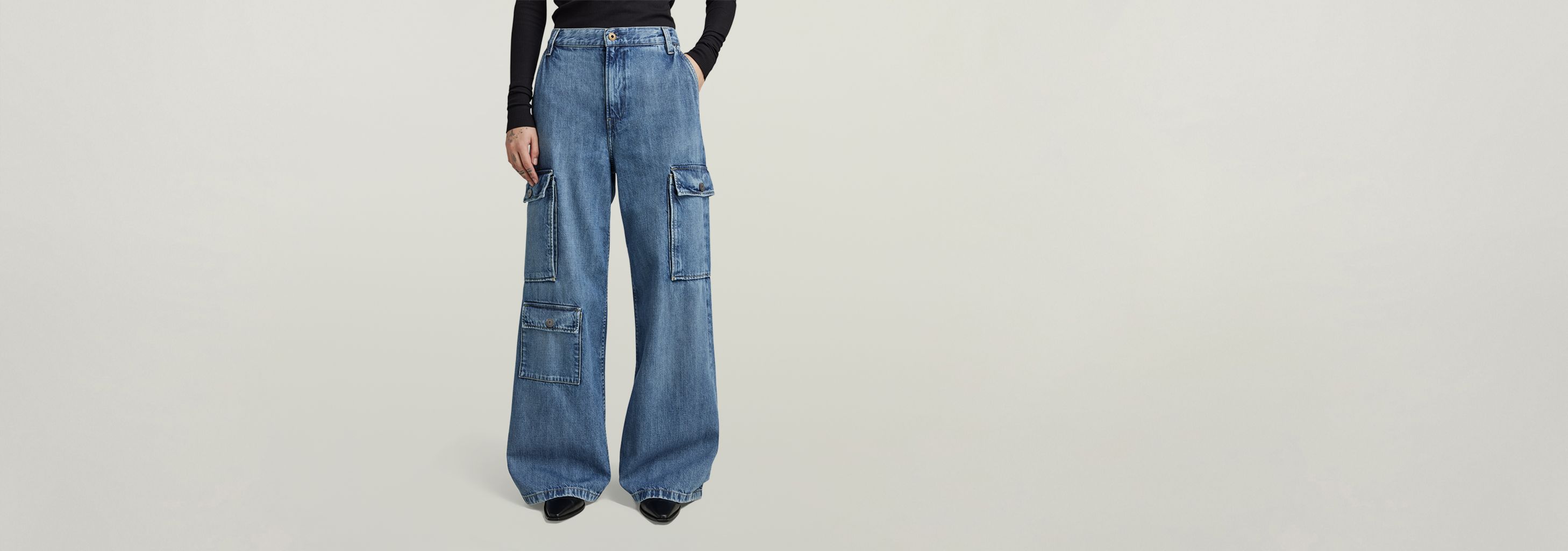 【YOURNUS】Info Wide Cargo Denim 1996 D-Sire Women: Cargo Jeans with pockets, medium blue