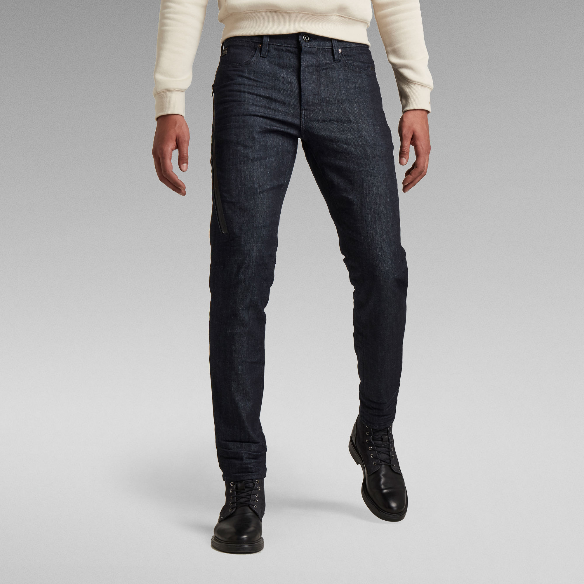 dark blue tapered jeans