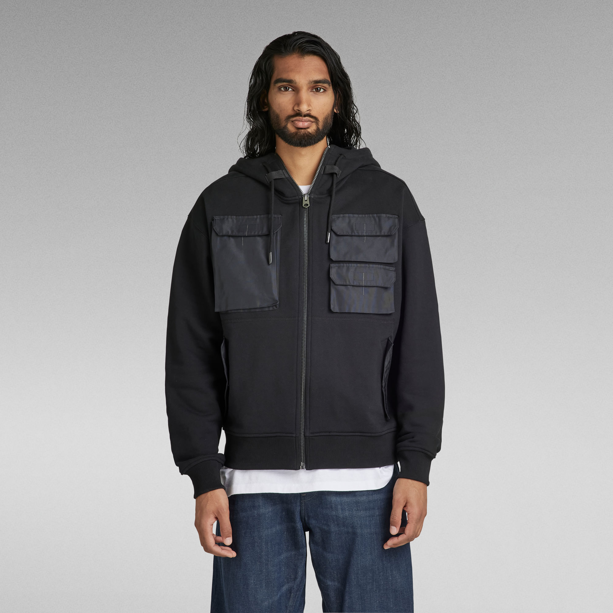 E Zip Through Hooded Pocket Sweater | Black | G-Star RAW®