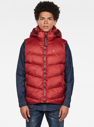 red hooded vest