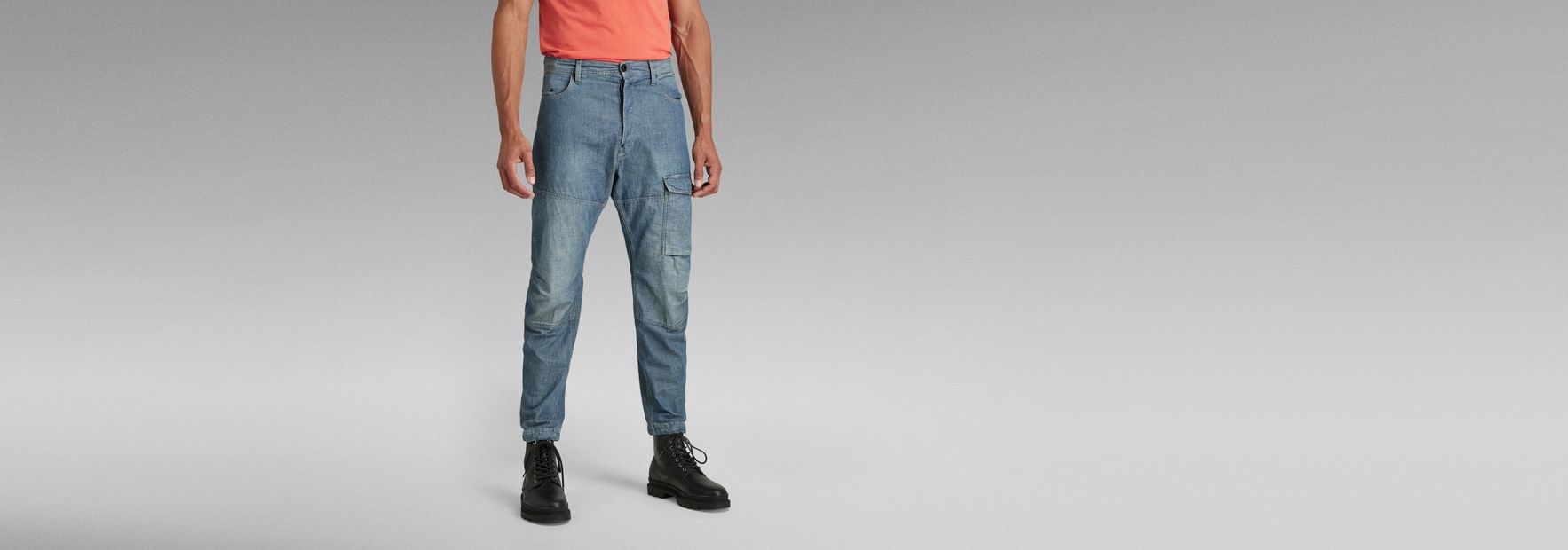 3D Straight Tapered Denim Cargo Pants, Medium blue