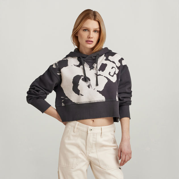 Vintage Cropped Graphic Loose Hooded Sweater Grey G STAR KR