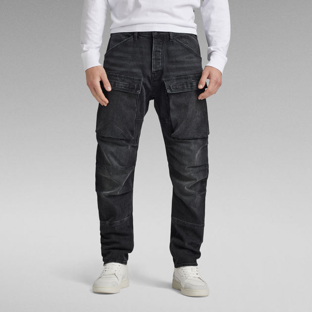 3D Straight Tapered Denim Cargo Pants, Black
