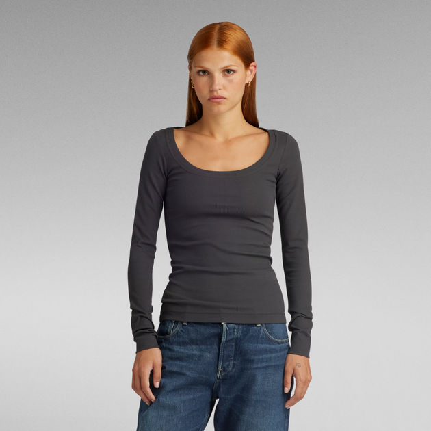 Basic Rib Scoop Neck Long Sleeve Top