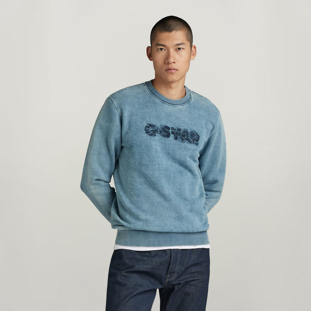 Indigo Distressed Logo Sweater | Medium blue | G-Star RAW® US