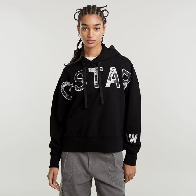 Embro Print Oversized Hoodie Black G STAR CA