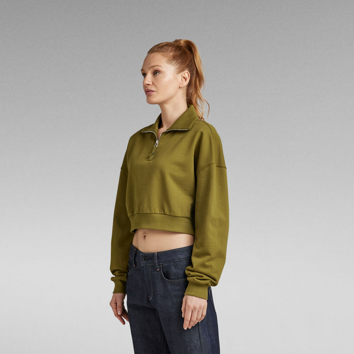 Cropped Half Zip Loose Sweater Green G STAR TW