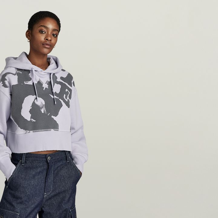 Vintage Cropped Graphic Loose Hooded Sweater Grey G STAR US