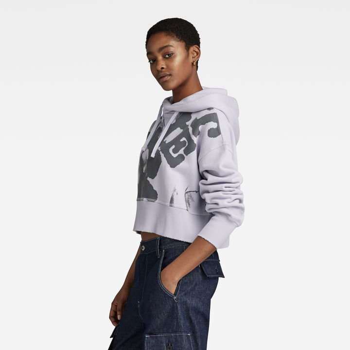 Vintage Cropped Graphic Loose Hooded Sweater Grey G STAR US