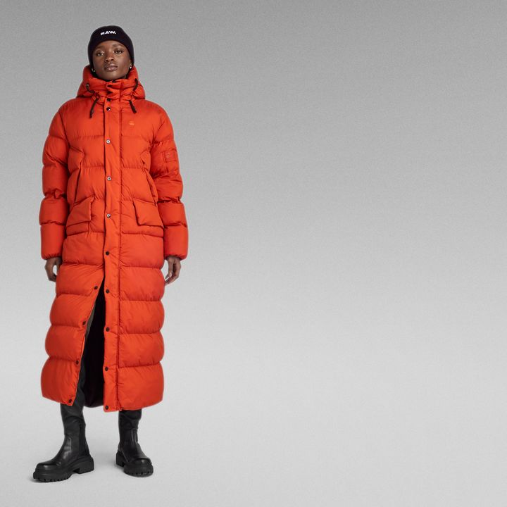 Long orange puffer coat sales