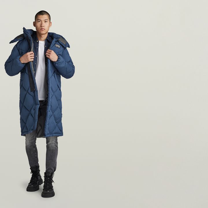 Long blue padded coat deals