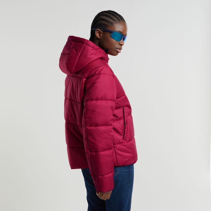 Red short puffer coat discount
