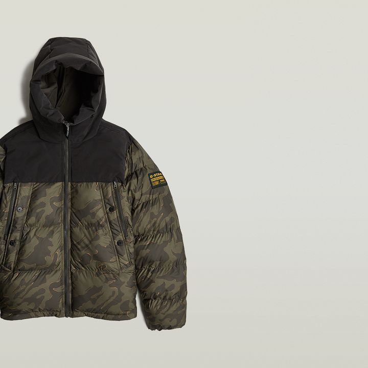 Multi colored camo puffer jacket shop