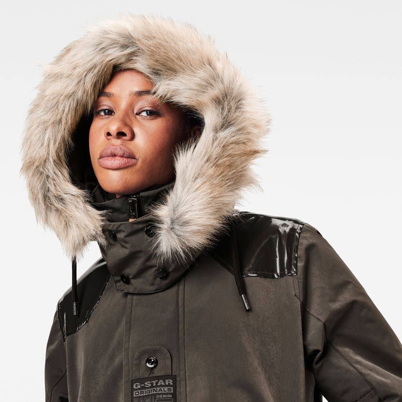 G-STAR® Tech Padded Hooded Faux Fur Long Jacke Grau detail shot