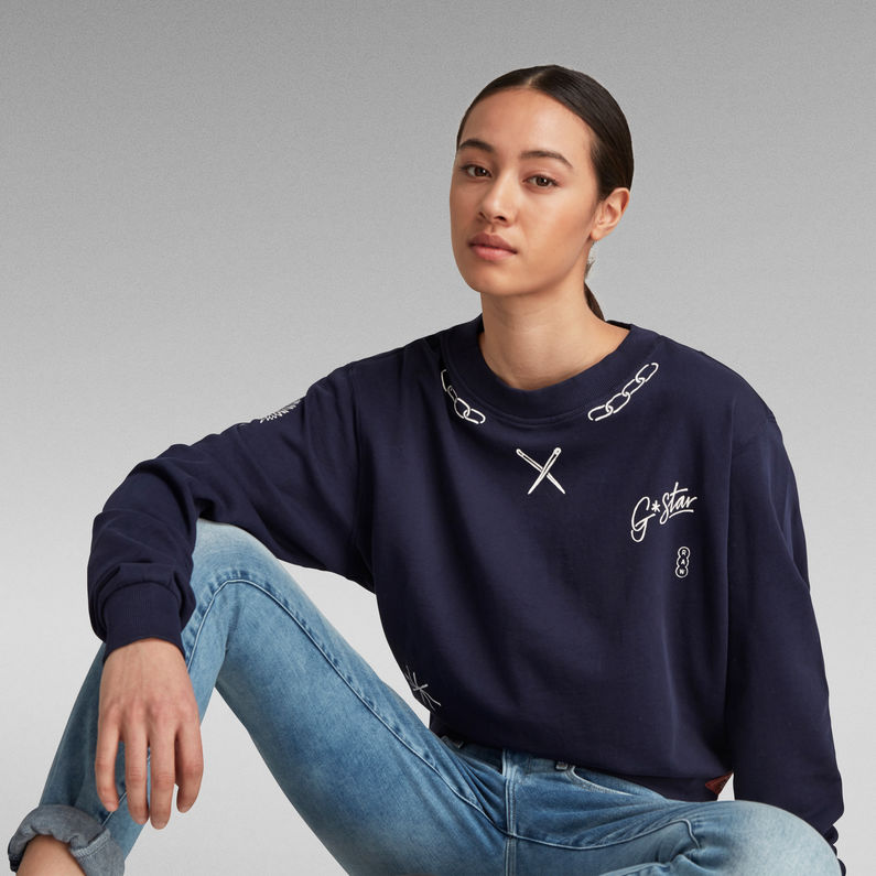 G-Star RAW® Sweater Graphic Cropped Loose Donkerblauw