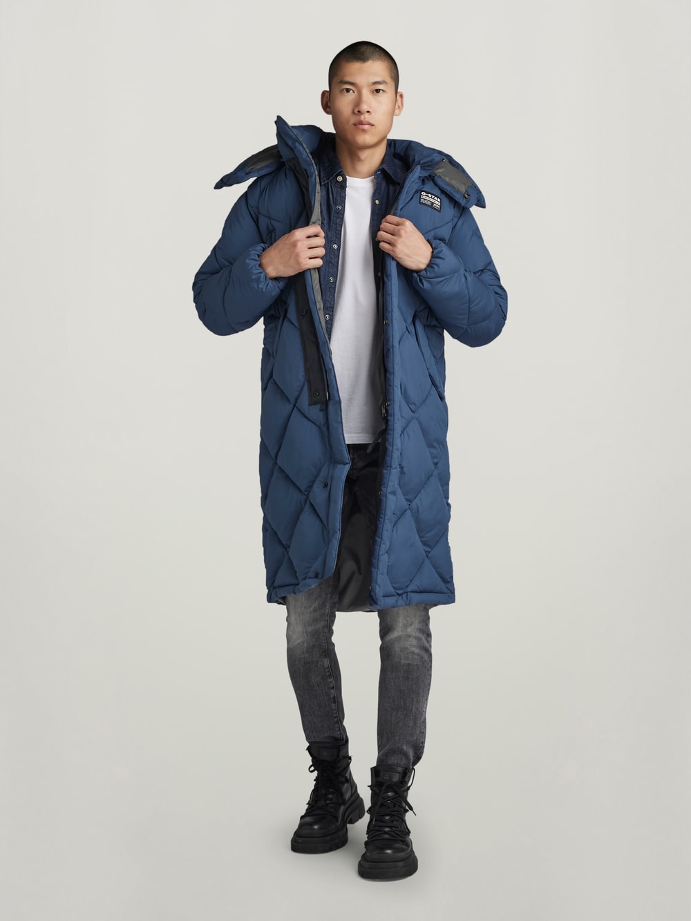 Blue long puffer coat online