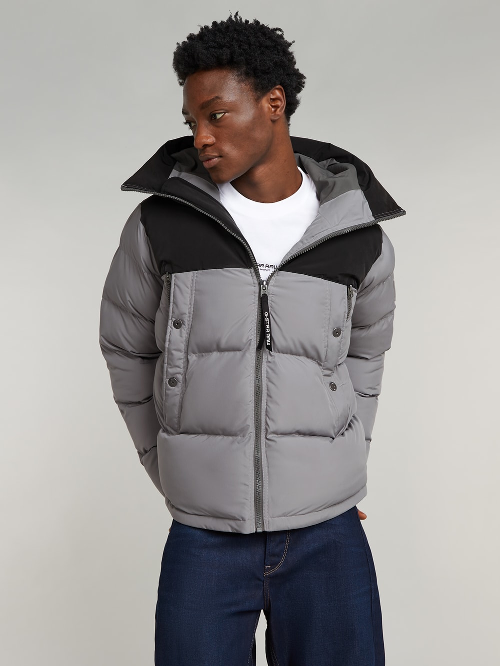 Grey and black puffer jacket on sale