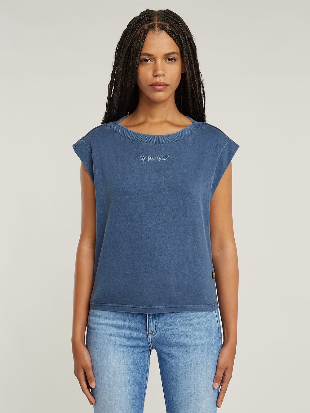 tシャツ MINI G-SCRIPT LOGO OVERDYED TOP/ブランドロゴオーバーダイスリーブレスTシャツ レディース Mini G-Script Logo Overdyed Top | Mittelblau | G-STAR® DE